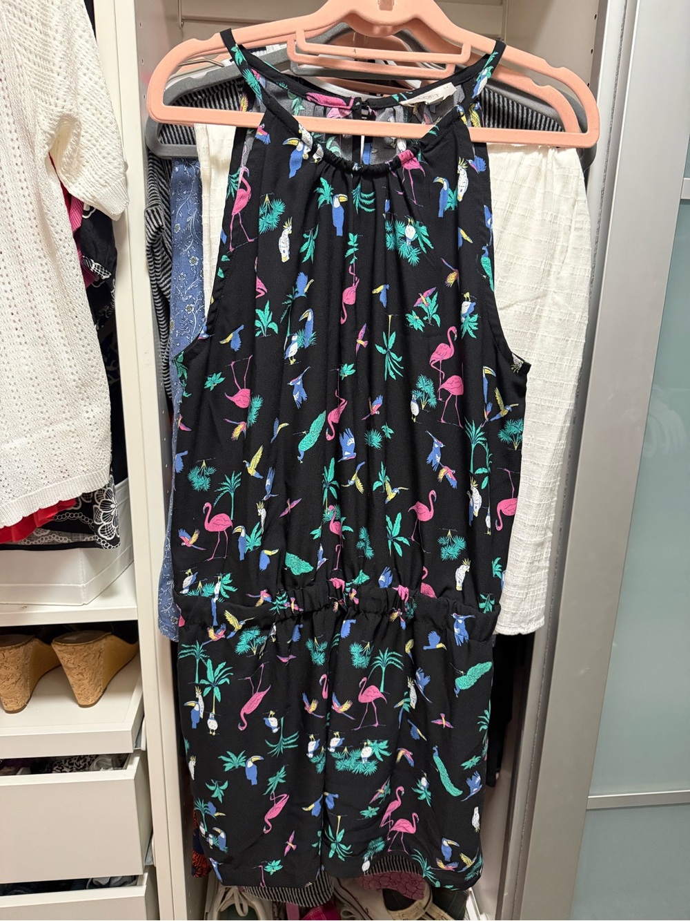LOFT Black Tropical Flamingo Print Sleeveless Romper